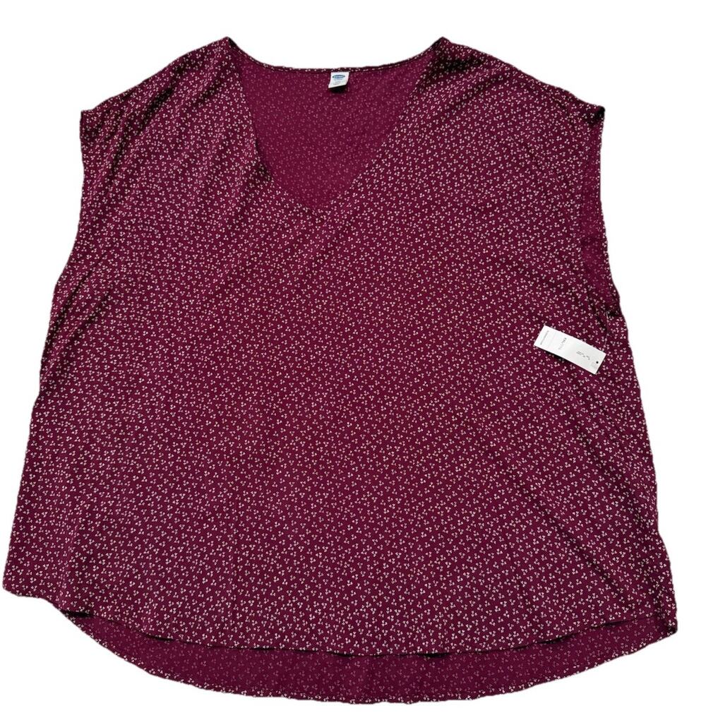 Old Navy Blouse Women’s XXL Floral Maroon Boxy Sleeveless Light V Neck Hi Low